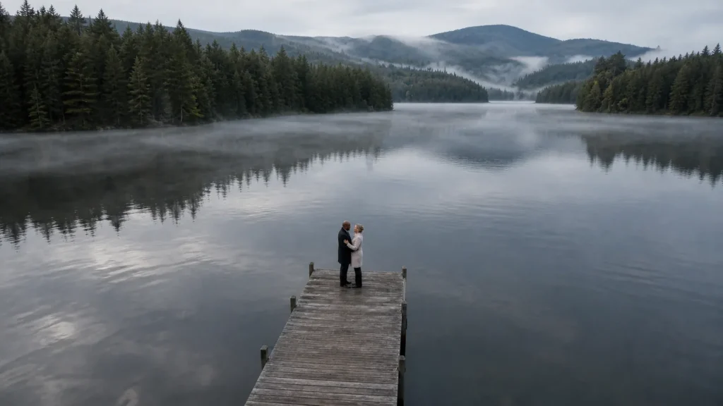 Quai sur un lac calme au lever du jour